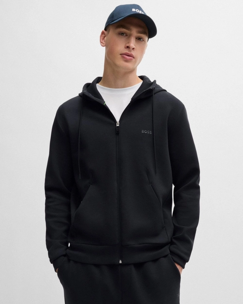 Hugo Boss Saggy Mens Stretch Cotton Zip-Up Hoodie with Logo Print NOS